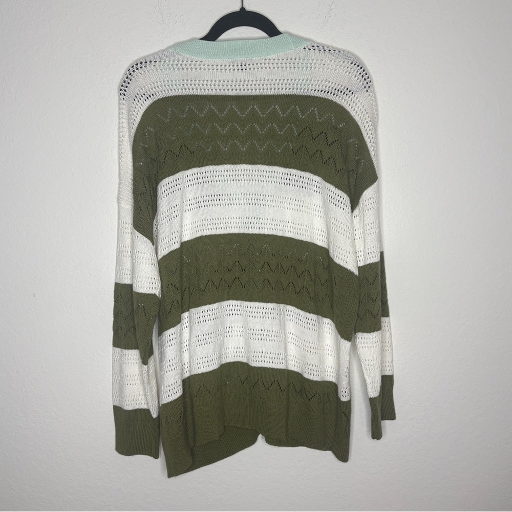 Talbots Green and White Mint Open Knit Cardigan Tipped Pointelle Size 1X - Picture 4 of 7